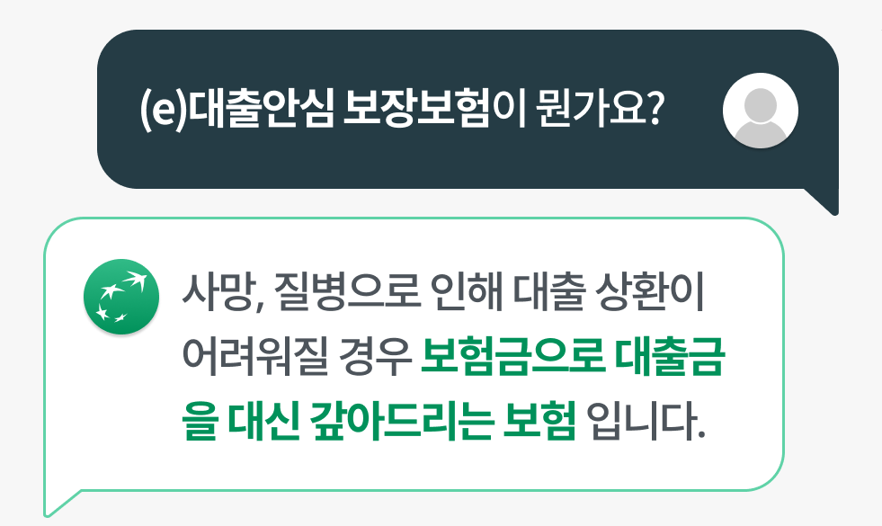 (e)대출안심 보장보험이 뭔가요? 사망, 질병으로 인해 대출 상환이 어려워질 경우 보험금으로 대출금을 대신 갚아드리는 보험 입니다.