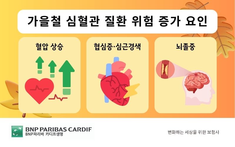 가을철 심혈관 질환 위험 증가 요인으로는 혈압 상승, 협심증·심근경색, 뇌졸중이 있습니다.
