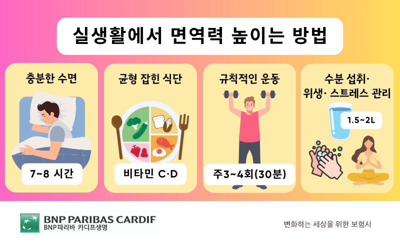 실생활에서 면역력 높이는 방법으로는 충분한 수면, 균형 잡힌 식단, 규칙적인 운동, 수분 섭취, 위생 그리고 스트레스 관리임을 보여주는 이미지