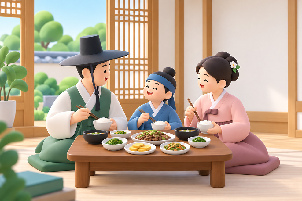 한옥 실내에서 함께 식사하는 가족